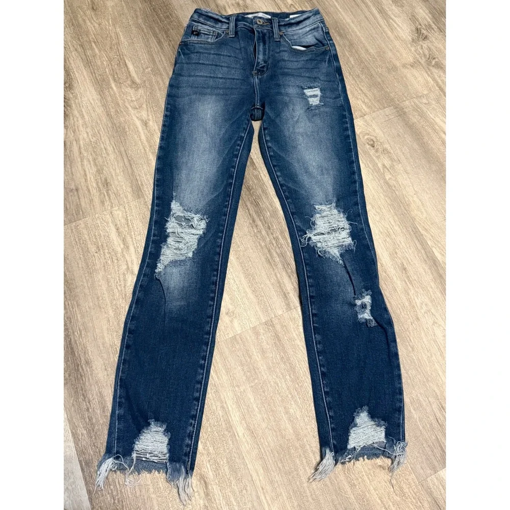 Kancan Womens Distressed Skinny Jeans Dark Wash‎ Button Fly Size 23